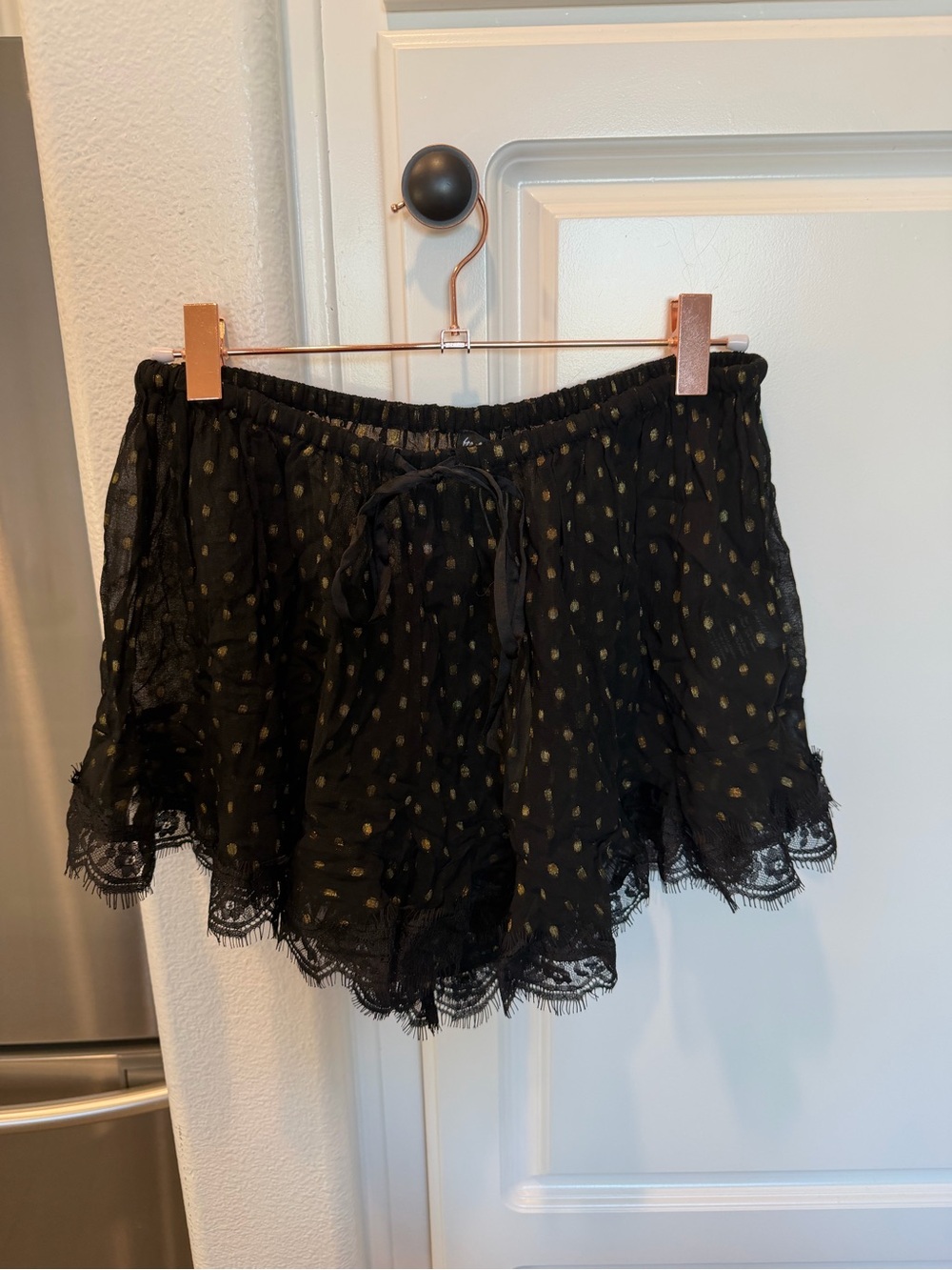 For Love & Lemons Black Lace Trim Shorts with Gold Dot Detail